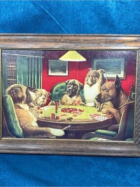 Vintage DOGS PLAYING POKER Framed Print C.M. Coolidge “A BOLD BLUFF”
